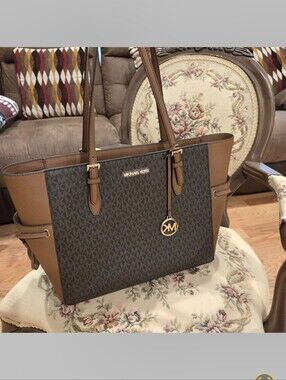 Michael Kors Brown and Dark Brown Signature Tote with Gold Hardware
